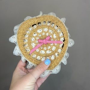 Vintage Hand Crochet Heart Shaped Coasters in a wicker basket
